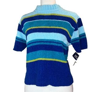 Blue Striped Chenille Knit Short Sleeve Sweater Top Honors